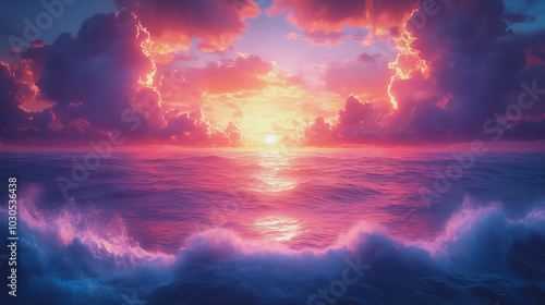 Deep blue ocean merging into a pink dusk sky, with distant storm clouds gathering over the horizon. A peaceful yet intense scene with contrasting elements.