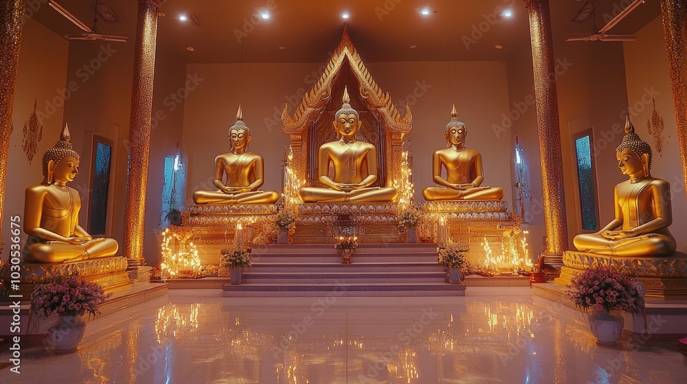 Fototapeta premium A stunning Thai temple adorned with multiple Buddha statues, each radiating calm and devotion, perfect for cultural and spiritual imagery