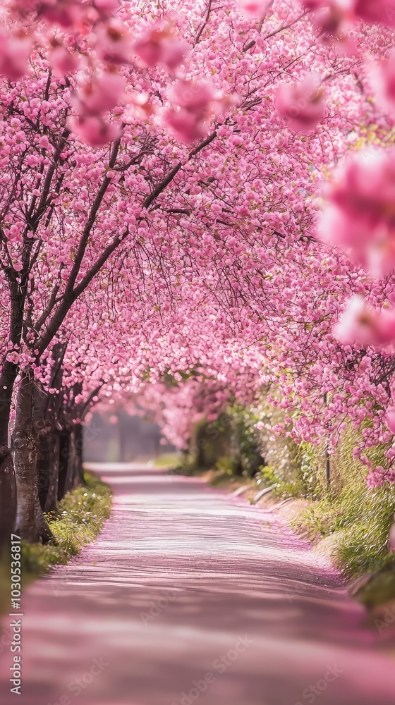 Serene Cherry Blossom Walkway in Full Bloom Serene Cherry Blossom Walkway in Full Bloom