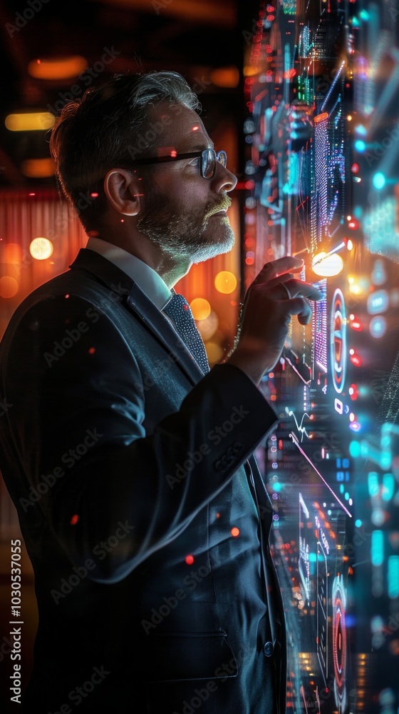 A man in a suit with glasses interacts with a high-tech server displaying graphs. The futuristic city scene adds to the cyberpunk vibe. A man in a suit with glasses interacts with a high-tech server displaying graphs. The futuristic city scene adds to the cyberpunk vibe.