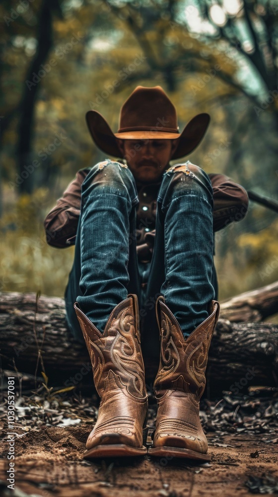 A cowboy sits on a log in a forest wearing typical attire. His unique cowboy boots stand out. The peaceful setting suggests a moment of solitude in nature. A cowboy sits on a log in a forest wearing typical attire. His unique cowboy boots stand out. The peaceful setting suggests a moment of solitude in nature.
