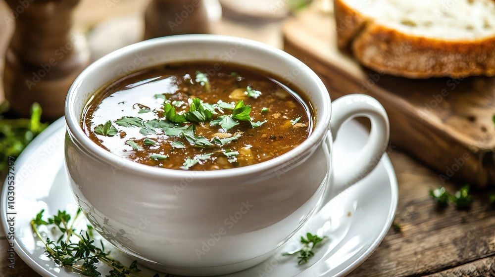 Cozy Bowl of Comforting Soup on White Plate Cozy Bowl of Comforting Soup on White Plate