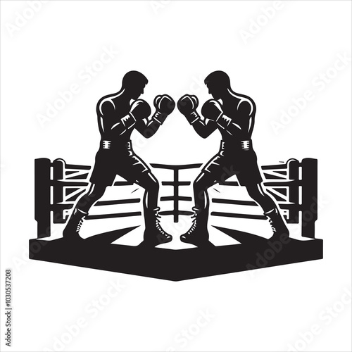 Fight Night Boxers Locked in Fierce Combat Stance , black colour vactor 