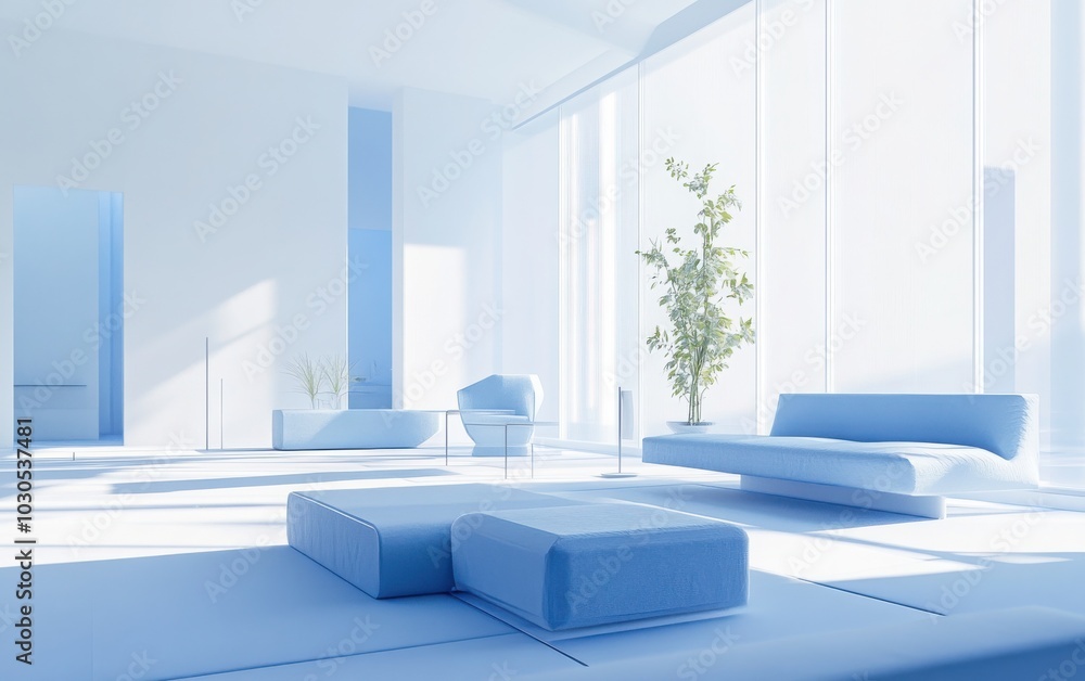 A 3D rendering of an abstract modern interior space featuring sleek furniture with clean lines, highlighted by various shades of blue tones throughout the decor A 3D rendering of an abstract modern interior space featuring sleek furniture with clean lines, highlighted by various shades of blue tones throughout the decor