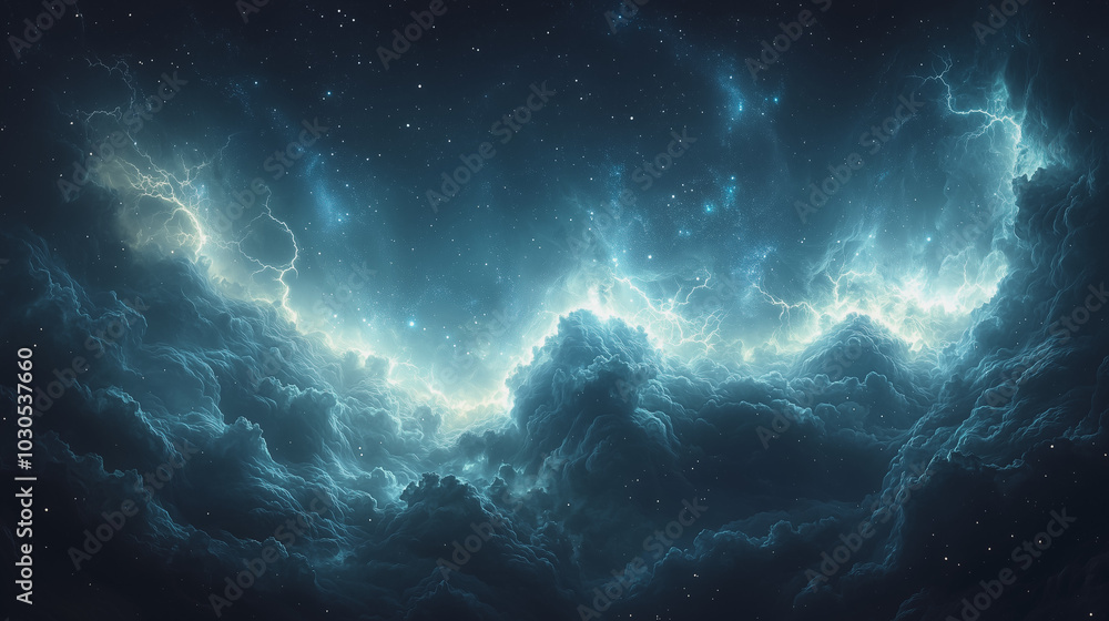 Rolling storm clouds illuminated by lightning, with the Milky Way faintly visible through the breaks in the clouds. A dynamic and intense sky scene. Rolling storm clouds illuminated by lightning, with the Milky Way faintly visible through the breaks in the clouds. A dynamic and intense sky scene.