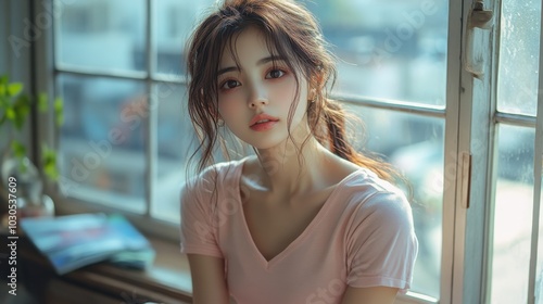 A young woman with long brown hair looks out a window with a contemplative expression. Her pink shirt and soft makeup create a delicate and feminine appearance.