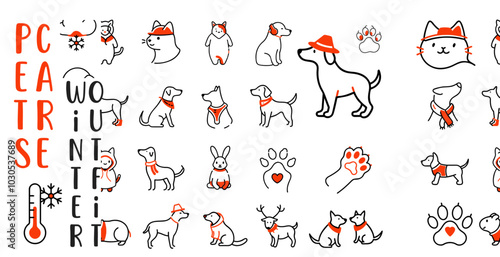 Pets winter outfit icon set featuring various pets in special attire for cold seasons