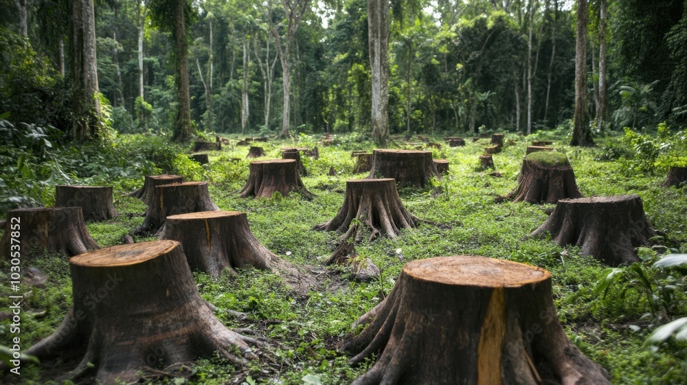 Rainforest with large areas of felled trees and exposed stumps, illustrating the dire consequences of deforestation on nature Rainforest with large areas of felled trees and exposed stumps, illustrating the dire consequences of deforestation on nature