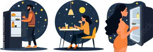 Vector illustration. People of different sexes eat at night. A man and a girl look into the refrigerator to eat at night. A girl eats at night in a restaurant or in the kitchen.