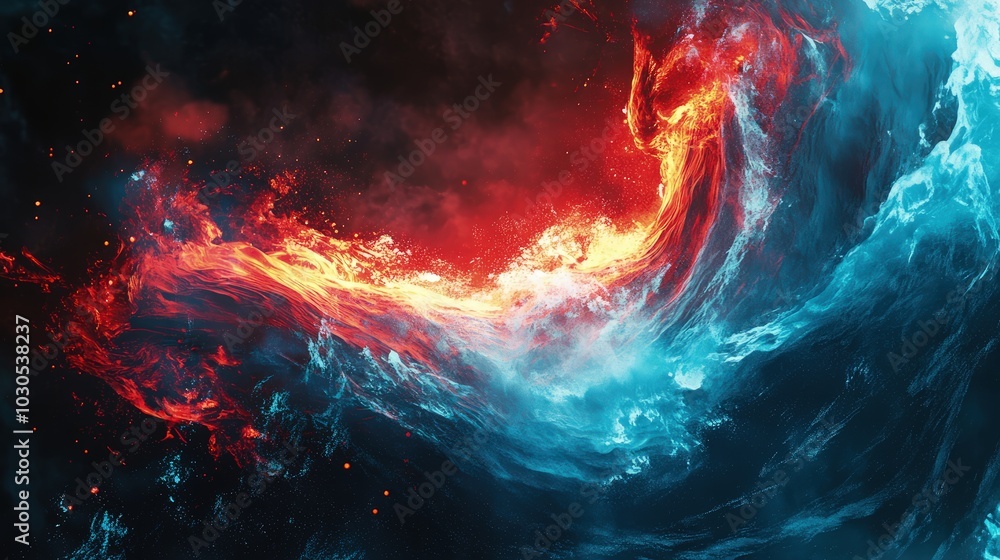 Phoenix Collision of Red Fire and Blue Water Elements, Creating Intense Energy and Dynamic Clash in Mythical Style Phoenix Collision of Red Fire and Blue Water Elements, Creating Intense Energy and Dynamic Clash in Mythical Style