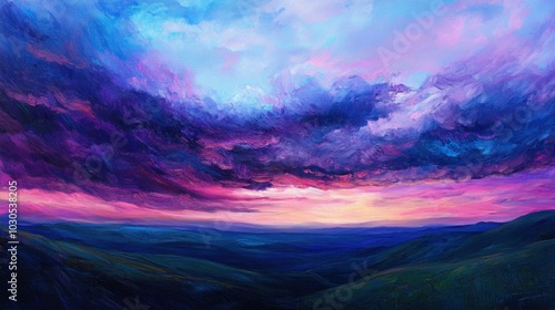 Rich twilight sky blending deep purples, soft pinks, and cool blues into a stunningly colorful, serene horizon.