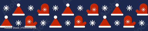 Christmas seamless border with red hat and mittens on blue background. Flat style. Template for winter holidays design