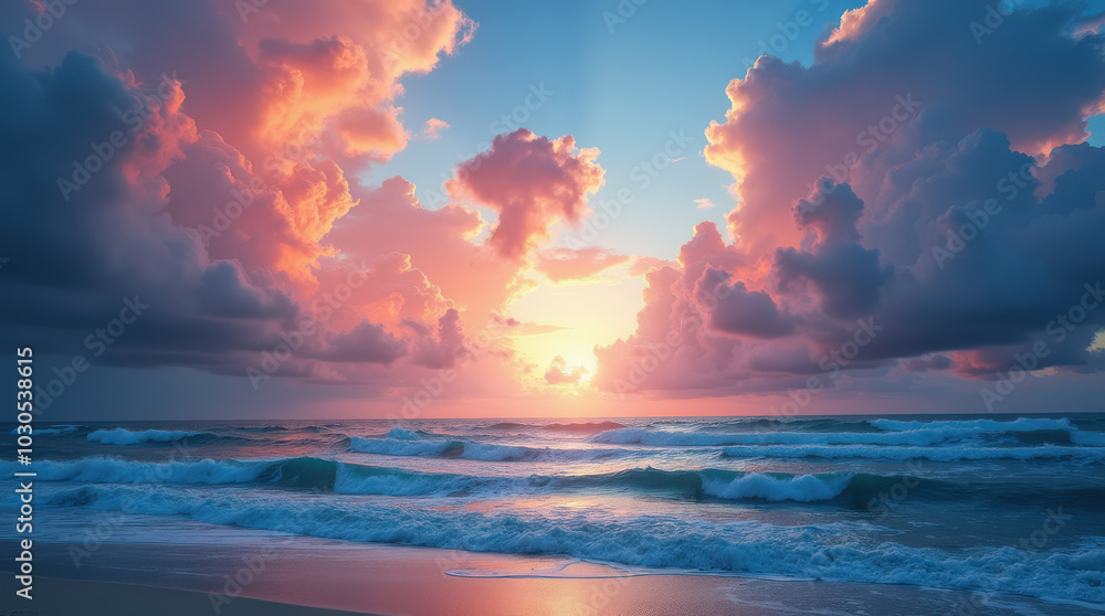 Obraz premium Dramatic Sunset Over the Ocean with Colorful Clouds and Gentle Waves at Twilight – Stunning Coastal Landscape Photography