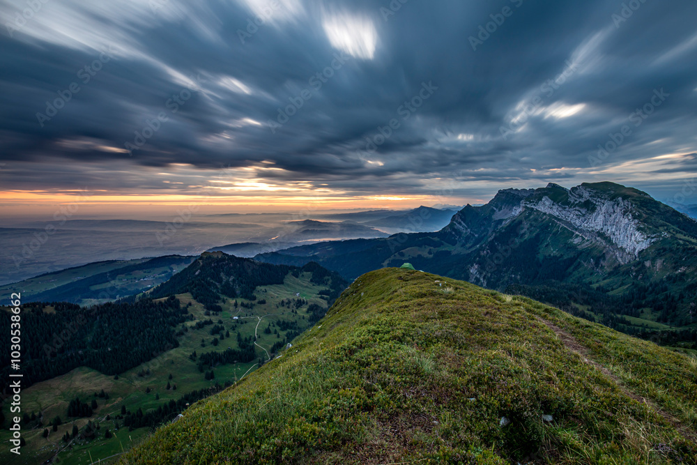 Naklejka premium Breathtaking hike along steep paths up from the Eigental valley to the summit of Mittaggüpfi and Pilatus, Switzerland. Once reached the summit, you are rewarded with a magnificent view of Pilatus.