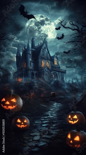 Halloween background pumpkins haunted house.