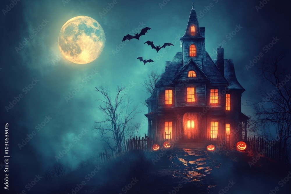 Halloween background house moon pumpkins. Halloween background house moon pumpkins.