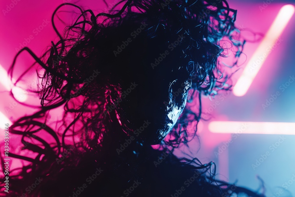 Spirit of Impurity with Dark Shadowy Form Against Neon-Lit Background, Eerie Atmosphere and Surreal Vibe in Black Theme Spirit of Impurity with Dark Shadowy Form Against Neon-Lit Background, Eerie Atmosphere and Surreal Vibe in Black Theme