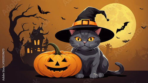 Spooky Cat with Haunting Halloween Cap Posing Beside Pumpkin in 3D Render