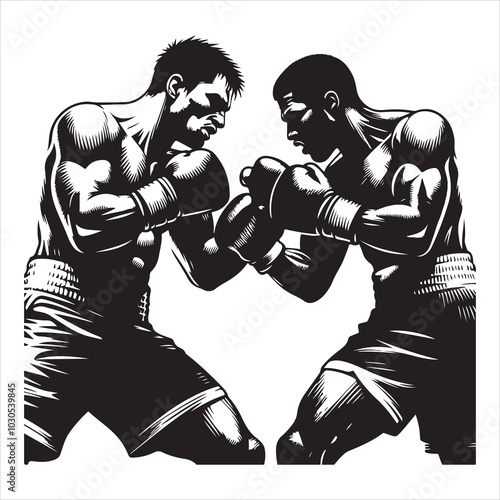 Fight Night Boxers Locked in Fierce Combat Stance , black colour vactor 