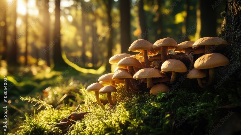 Mushroom bush in serene forest on a beautiful weather day, lively atmosphere Mushroom bush in serene forest on a beautiful weather day, lively atmosphere