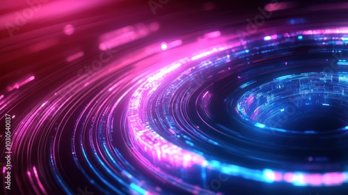 Neon hologram effect with bright, glowing layers creating a futuristic and digital feel.