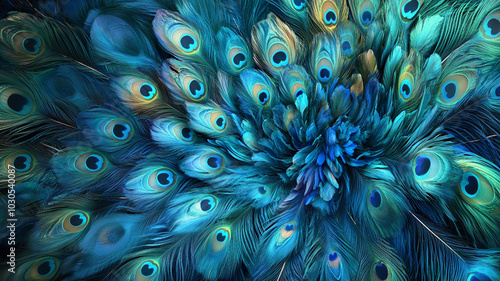 Abstract pattern of peacock feathers, vibrant blue and green colors with space for text in the center.