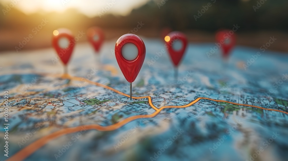 Digital GPS Location on Map with Route Path Pins Concept Digital GPS Location on Map with Route Path Pins Concept