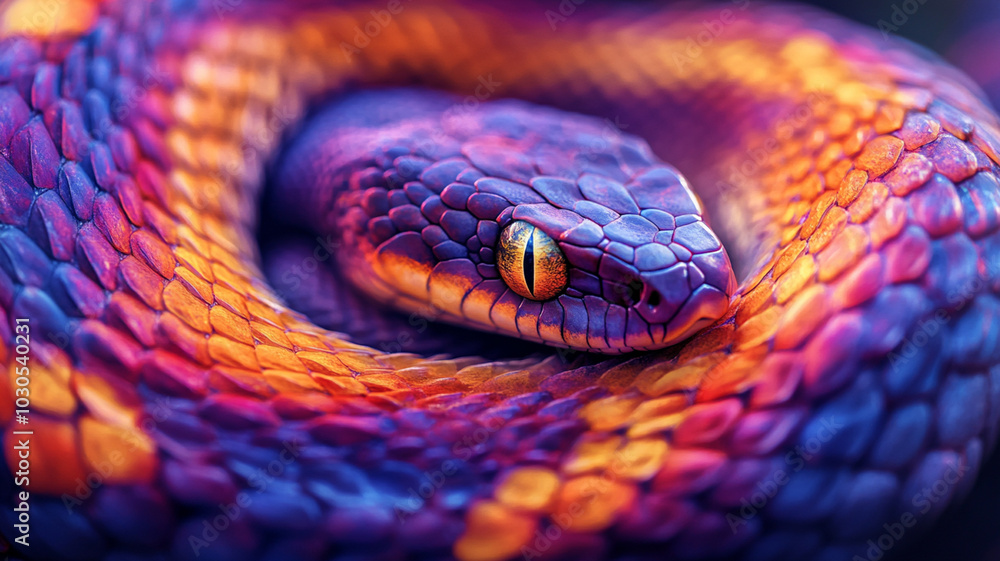 Fototapeta premium Abstract close-up of a snake’s scales, intricate pattern with vibrant colors, leaving a clear space for text.