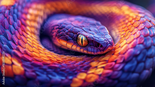 Abstract close-up of a snake’s scales, intricate pattern with vibrant colors, leaving a clear space for text.