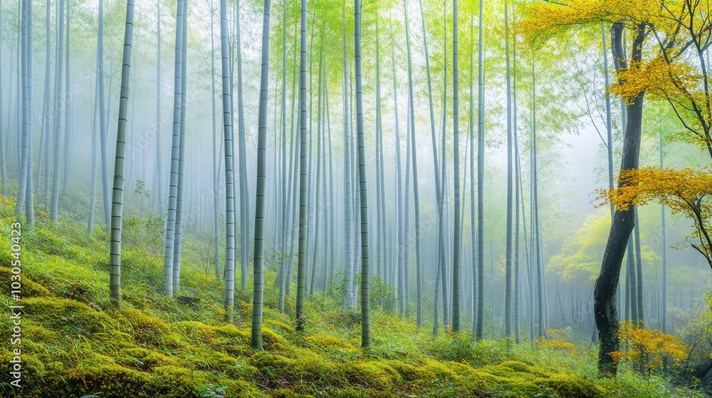 A serene bamboo forest shrouded in mist, showcasing vibrant greens and hints of autumn colors. A serene bamboo forest shrouded in mist, showcasing vibrant greens and hints of autumn colors.
