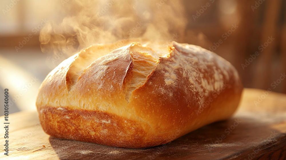 Freshly baked loaf of bread with a golden crust close Freshly baked loaf of bread with a golden crust close