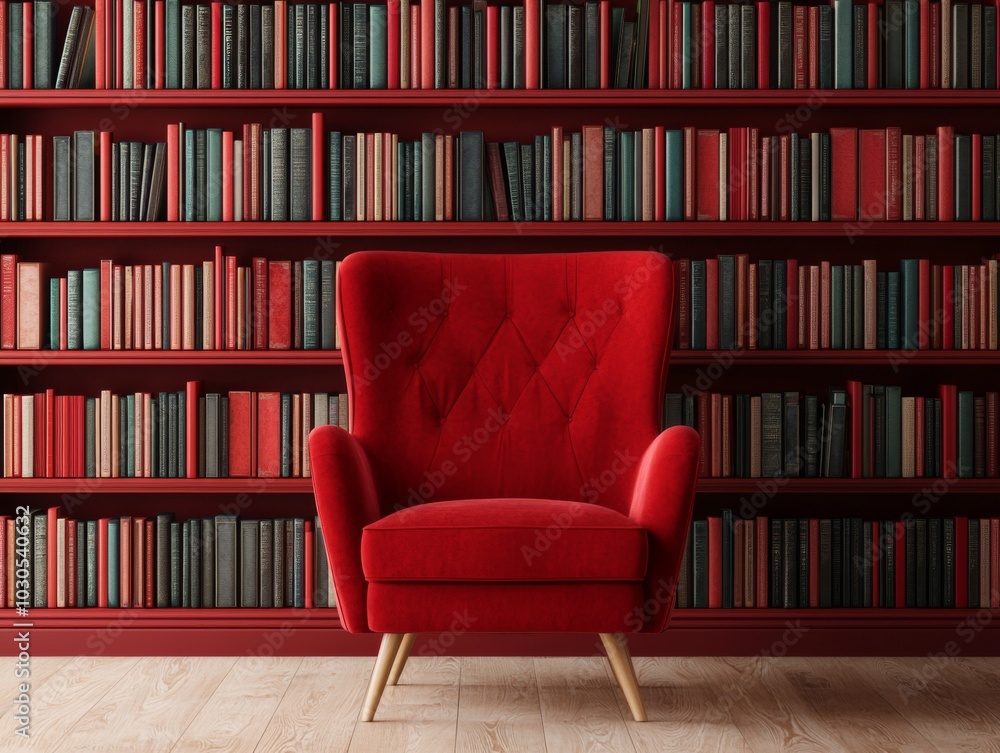 Cozy Study with Bookshelves and Red Accent Chair Cozy Study with Bookshelves and Red Accent Chair