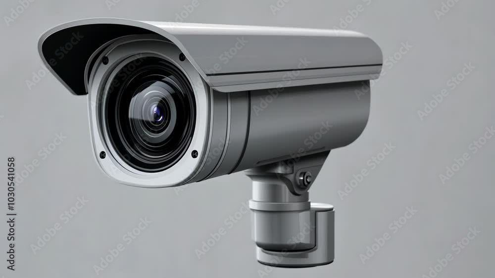 A gray security camera mounted on a wall points towards the right, capturing everything in its field of view A gray security camera mounted on a wall points towards the right, capturing everything in its field of view