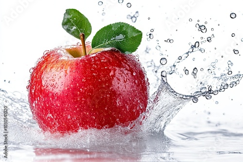 Fresh Red Japanese Apple falling in water splash isolated on white background, Red Apple with water drop on white background, With clipping path.