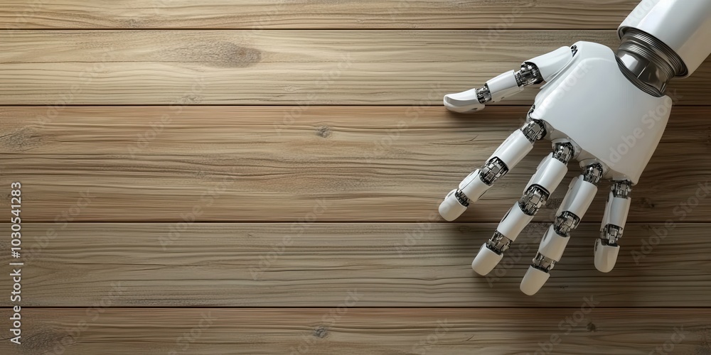 Close-up of a robotic hand on wooden surface, showcasing technology and innovation in robotics and artificial intelligence. Close-up of a robotic hand on wooden surface, showcasing technology and innovation in robotics and artificial intelligence.