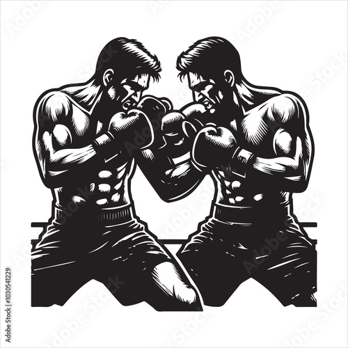 Fight Night Boxers Locked in Fierce Combat Stance , black colour vactor 