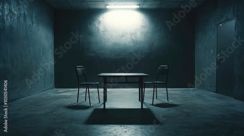 Dimly Lit Interrogation Room with Empty Chairs