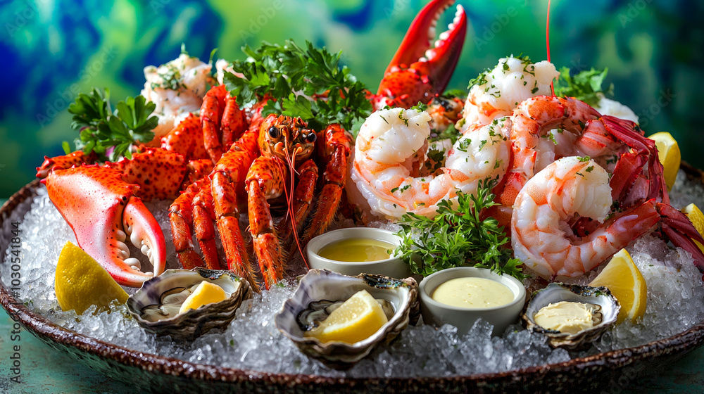 A seafood platter featuring various shellfish. A seafood platter featuring various shellfish.