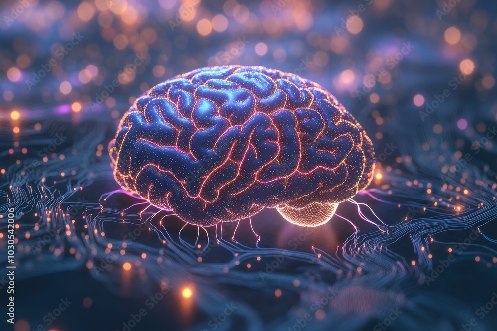 A 3D rendering of a glowing brain with neural connections, representing the synaptic activity and electrical impulses that drive thought processes and memory formation A 3D rendering of a glowing brain with neural connections, representing the synaptic activity and electrical impulses that drive thought processes and memory formation