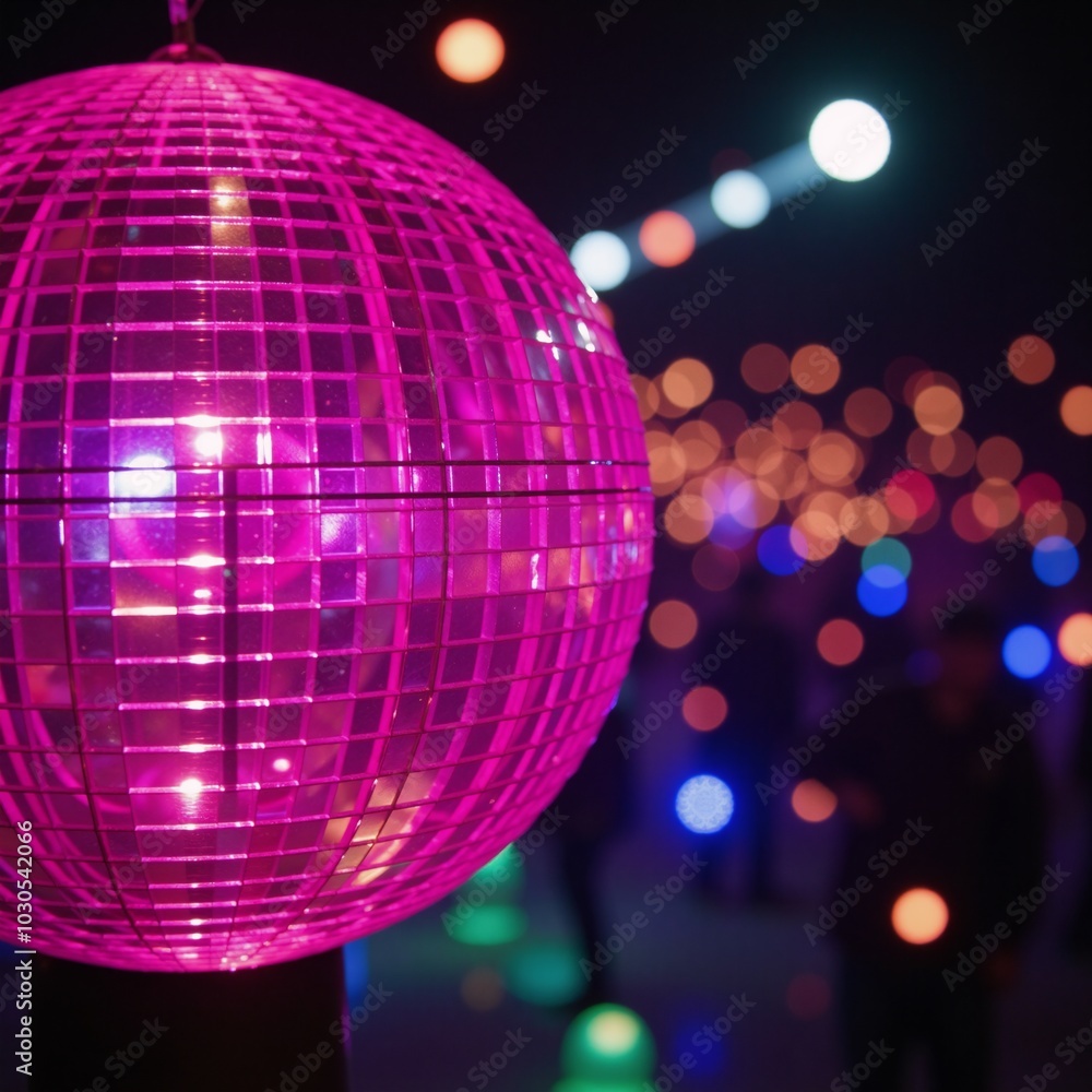 Obraz premium A close-up image featuring a lively disco scene against a backdrop of vibrant neon lights and a sparkling pink disco ball