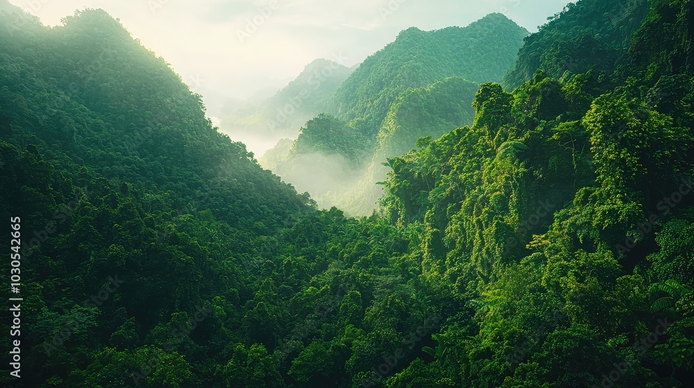 Lush Mountain Forest in Misty Landscape Lush Mountain Forest in Misty Landscape