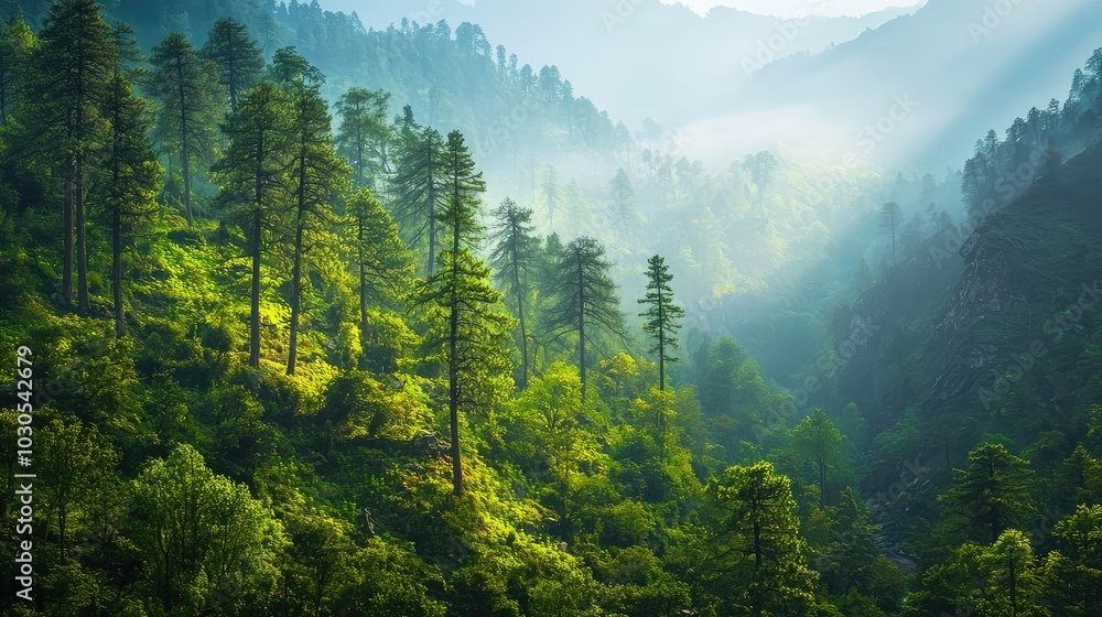 Fototapeta premium Lush Mountain Forest with Misty Light