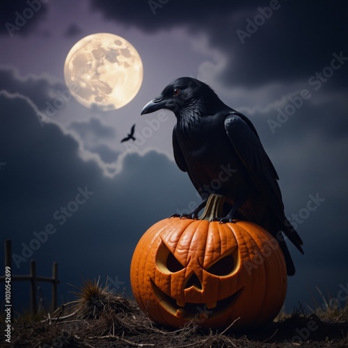 A crow perches on a Halloween pumpkin amidst a scary night scene with clouds a full moon and bats flying photo