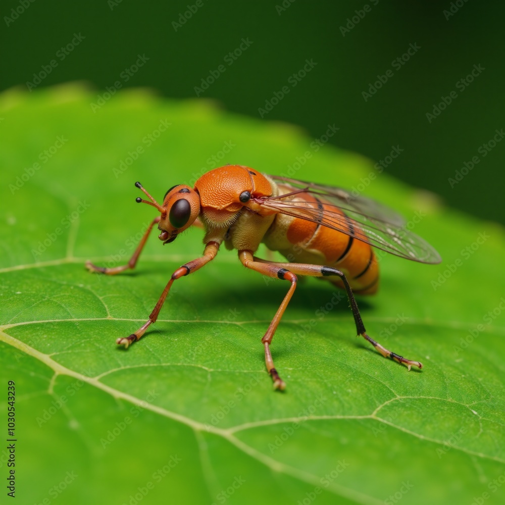 Close-up image of intricate details showcasing a macro shot of an insect resting upon a leaf Close-up image of intricate details showcasing a macro shot of an insect resting upon a leaf