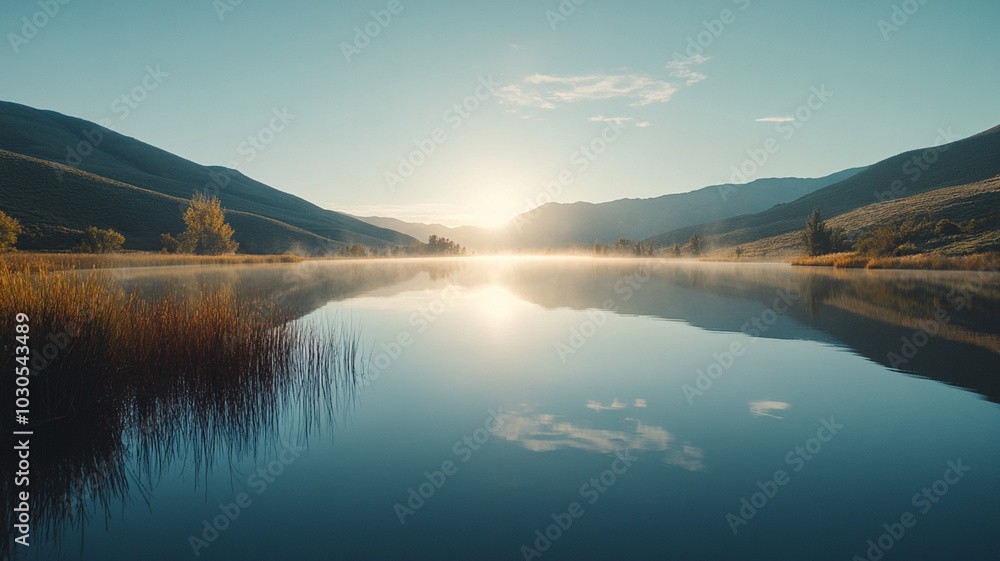 Calm lake at sunrise, soft reflections on the water, misty mountains in the distance, and a wide area of clear sky for copy space. Calm lake at sunrise, soft reflections on the water, misty mountains in the distance, and a wide area of clear sky for copy space.