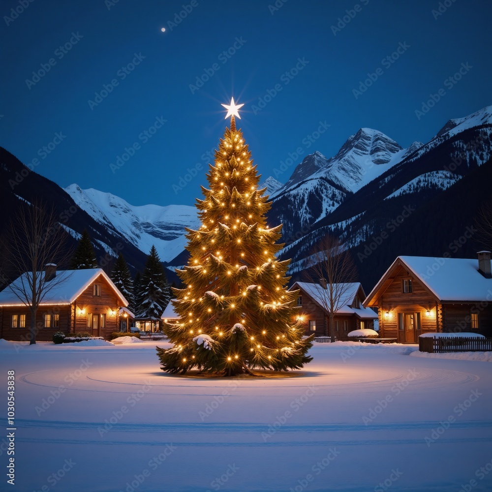 Serene snow-covered village showcasing an illuminated Christmas tree and festively lit homes beneath a peaceful winters sky Serene snow-covered village showcasing an illuminated Christmas tree and festively lit homes beneath a peaceful winters sky