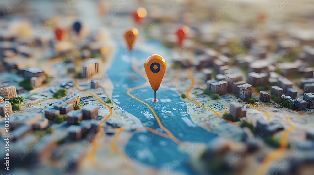 Digital GPS Location on the Map with Route Pinpoint Concept Digital GPS Location on the Map with Route Pinpoint Concept