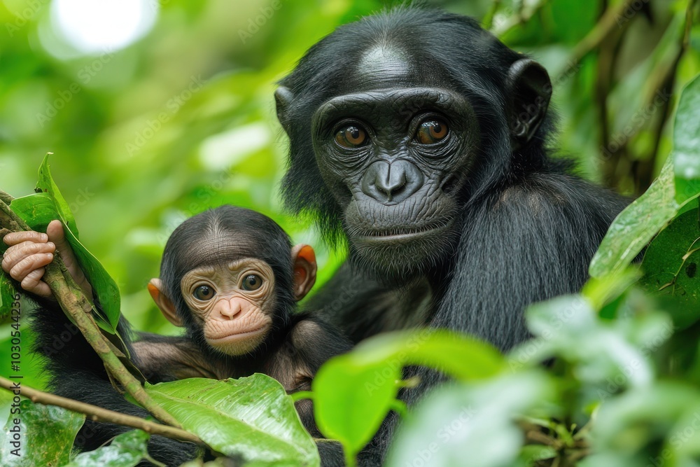 Obraz premium A mother and baby bonobo sitting among lush green leaves in their natural habitat.