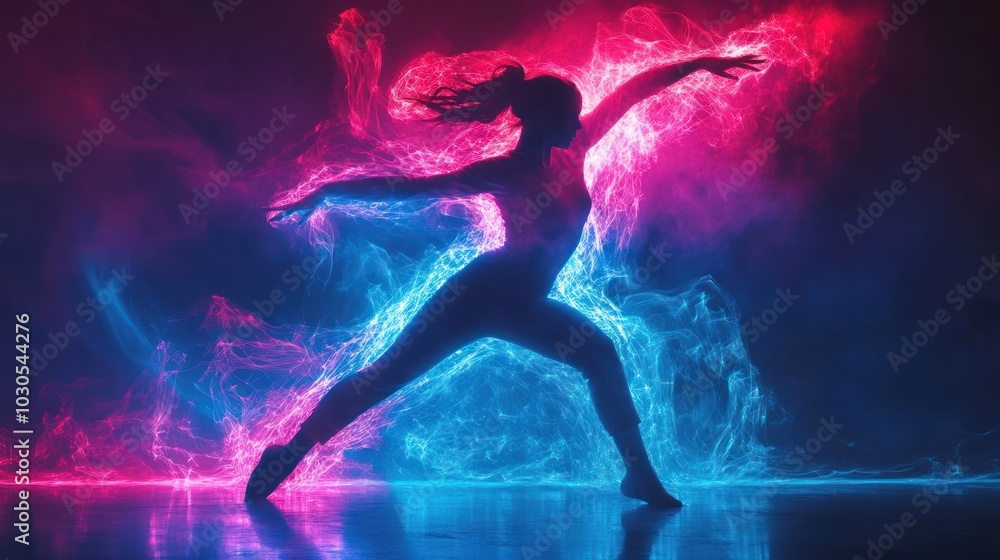 Neon silhouette of a dancer in mid-movement, glowing brightly with trailing light effects behind. Neon silhouette of a dancer in mid-movement, glowing brightly with trailing light effects behind.