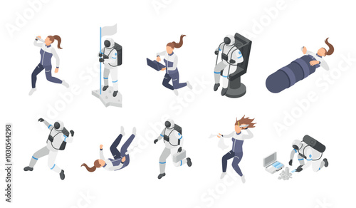 Isometric astronaut characters. Astronauts in spacesuits working and training, eating, sleeping at space station. Universe research, flawless vector set